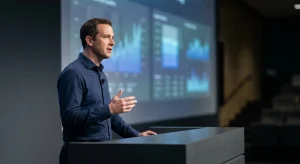 Man in dark blue shirt gestures at a dark podium. Blurred charts on a screen behind him
